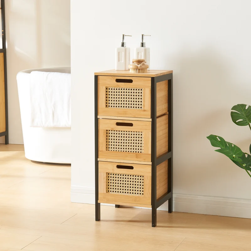 Cómoda de baño Tervola con 3 cajones Negro/Bambú [en.casa]