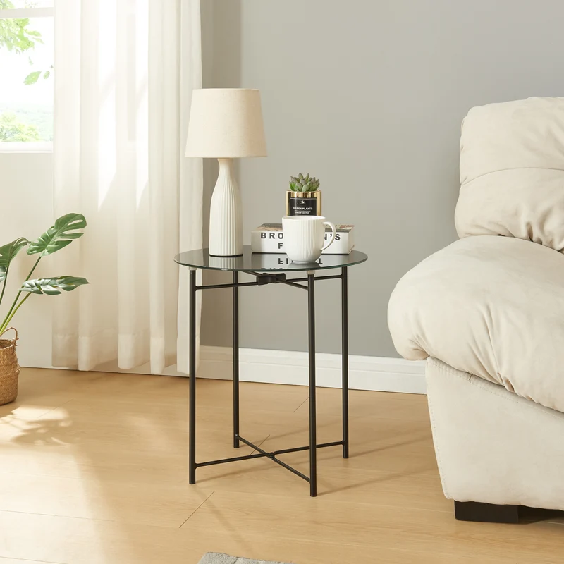 Mesa auxiliar Ödeshög con tablero de vidrio 45xØ42cm Negro [en.casa]
