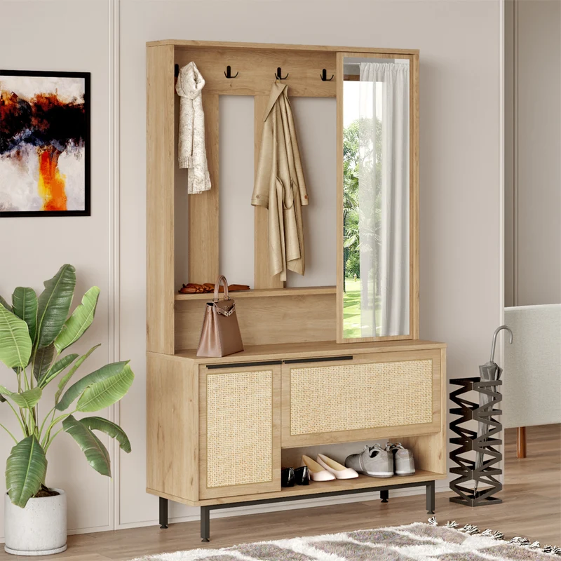 Guardarropa compacto Kvænangen 78x112x36 cm Roble/Aspecto ratán [en.casa]