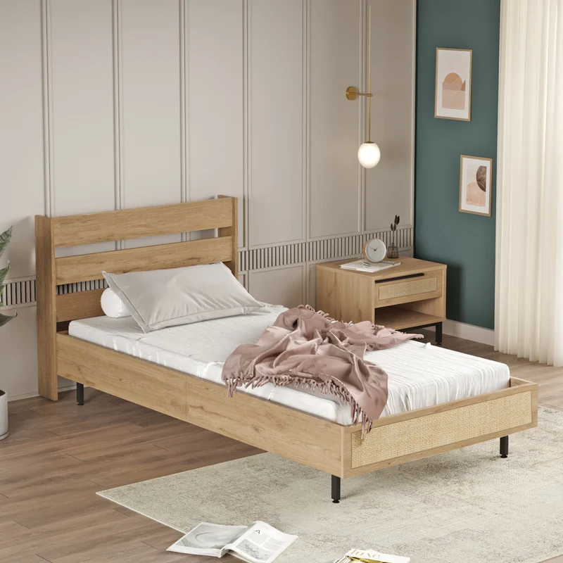Cama individual Kvænangen 100x200 cm aspecto roble/ratán [en.casa]