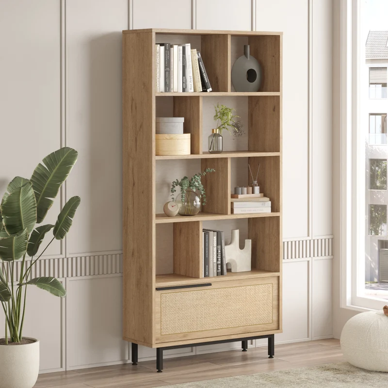 Estantería Kvænangen 176x84x30 cm aspecto roble/aspecto ratán [en.casa]
