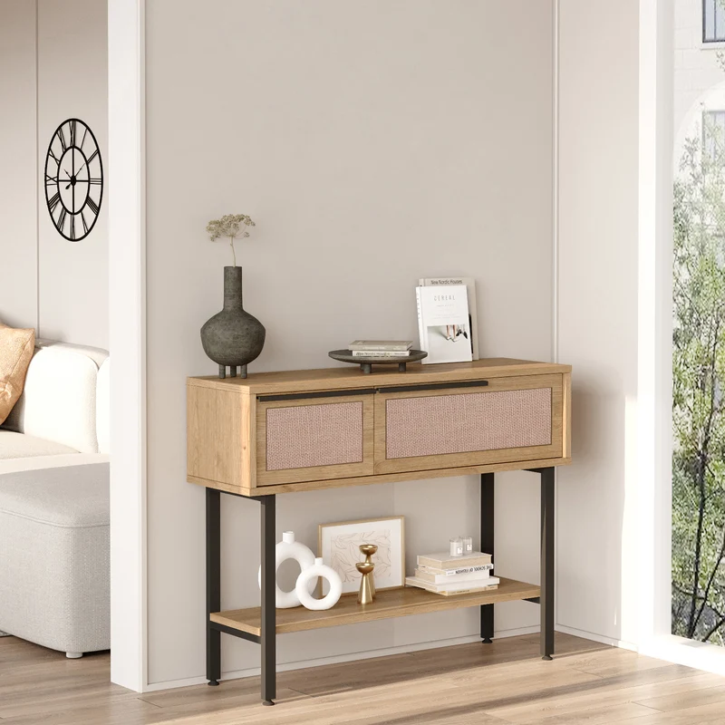 Mesa consola Kvænangen 100x30x76 cm Roble/Aspecto ratán [en.casa]