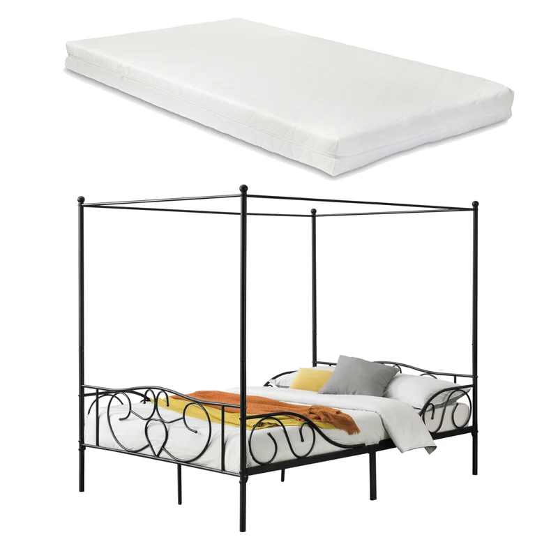 Cama con dosel Finström de acero con colchón de espuma fría [en.casa]