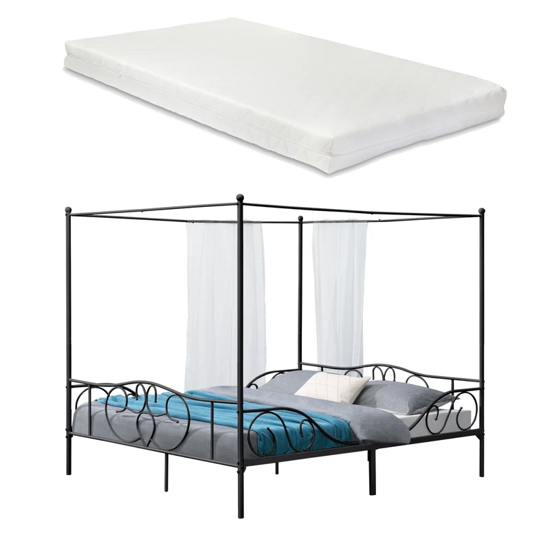 Cama con dosel Finström de acero con colchón de espuma fría [en.casa]