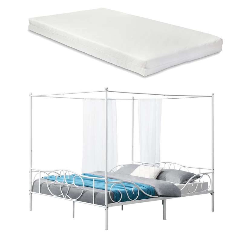 Cama con dosel Finström de acero con colchón de espuma fría [en.casa]