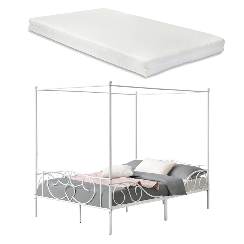 Cama con dosel Finström de acero con colchón de espuma fría [en.casa]