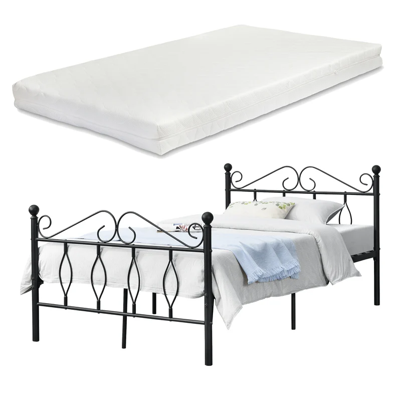 Cama de metal Apolda con colchón de espuma fría en varios tamaños Negro en.casa
