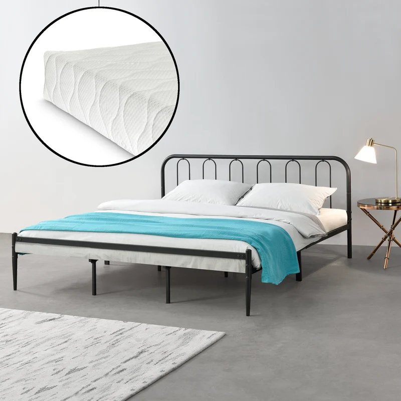 Cama de metal Hanko con colchón en varios tamaños Negro en.casa