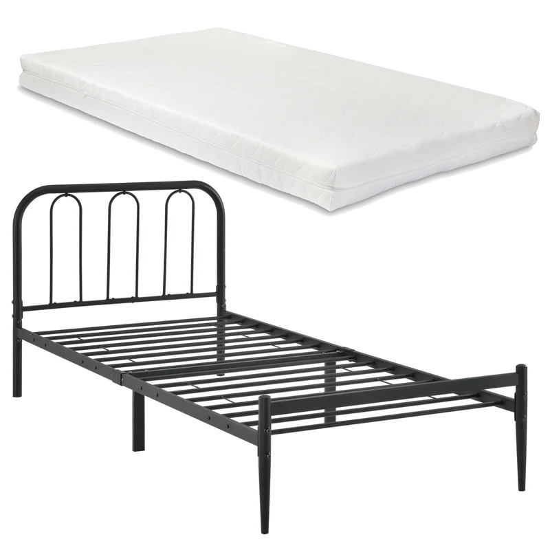Cama de metal Hanko con colchón en varios tamaños Negro en.casa