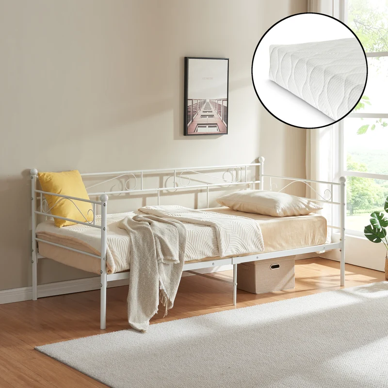 Cama de metal Granada con colchón 90x200 cm acero [en.casa]