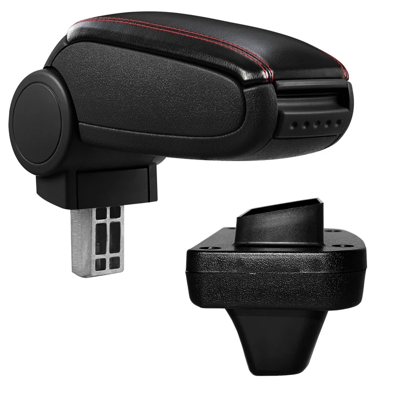 Reposabrazos central a medida para Opel Astra K, tapa de cuero sintético y tela negra con costuras de colores [pro.tec]