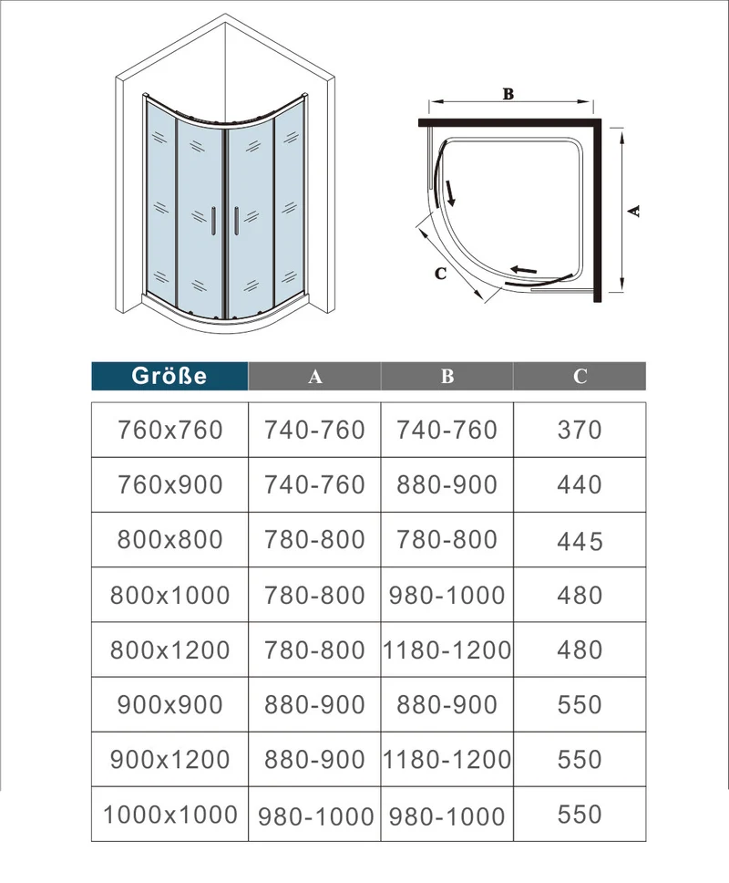 Mamparas Cabina de ducha Semicircular con Puerta Corrediza de 8 ruedas vidrio templado 5mm