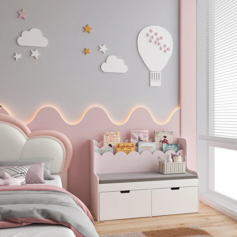 Banco para niños con estantería Vestnes 100x45x70 cm Cotton Candy/Blanco [en.casa]
