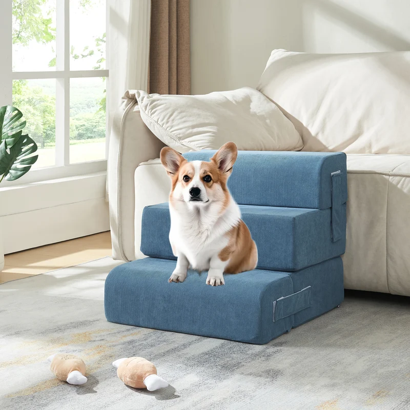 Escalera para mascotas Joelerhatra 4 piezas 45x50x45 cm Cordón azul [en.casa]
