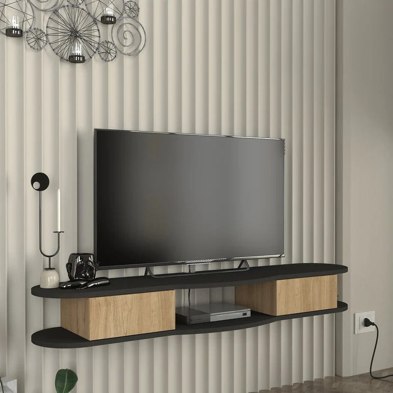 Mueble bajo de TV colgante Nyskiri 150x35x19 cm Antracita/Aspecto roble [en.casa]