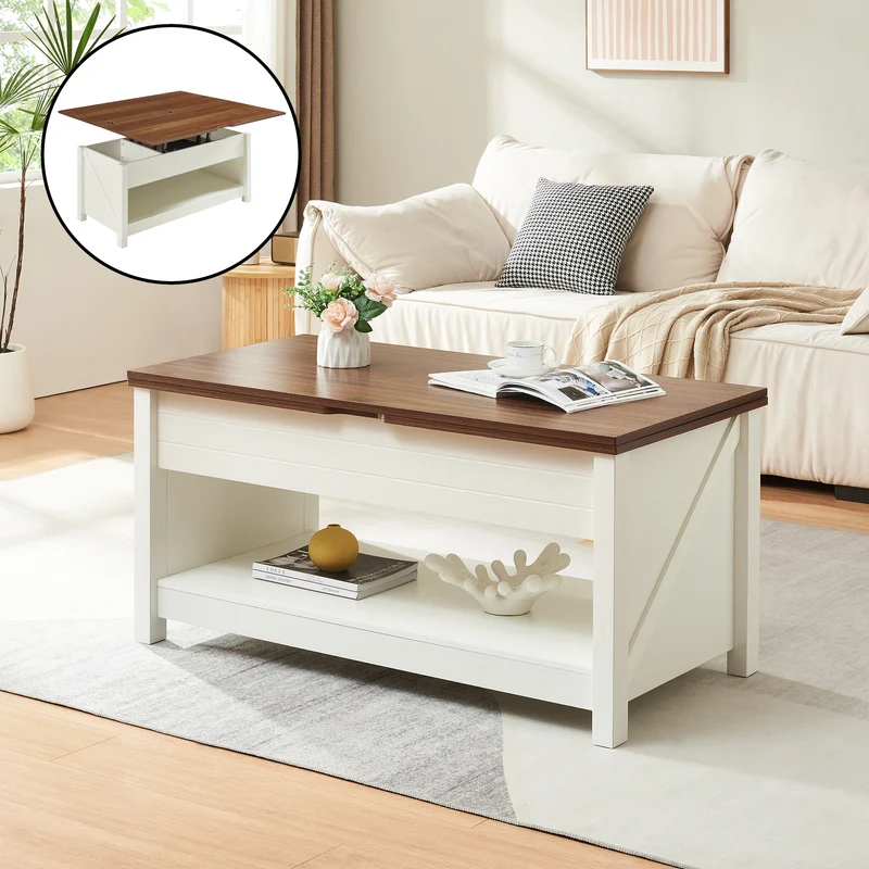 Mesa de centro Kasama con tablero elevable y espacio de almacenamiento 110x55x54 cm aspecto nogal/blanco [en.casa]