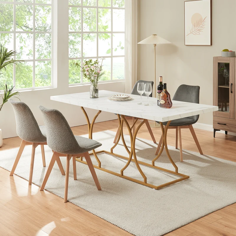 Mesa de comedor Figa para 6 personas efecto mármol, blanco / dorado [en.casa]