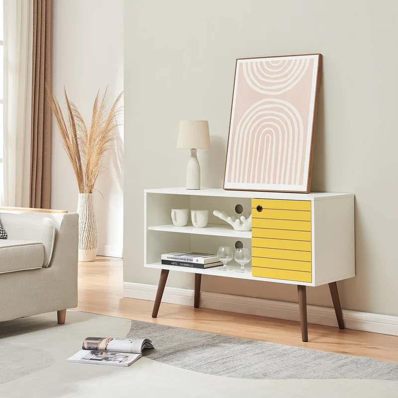 Mueble de televisión Vare 100x40x66 cm Blanco/Amarillo [en.casa]