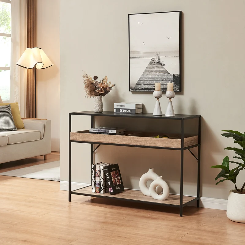 Mesa consola Belana 110x40x80 cm Negro/Aspecto roble [en.casa]