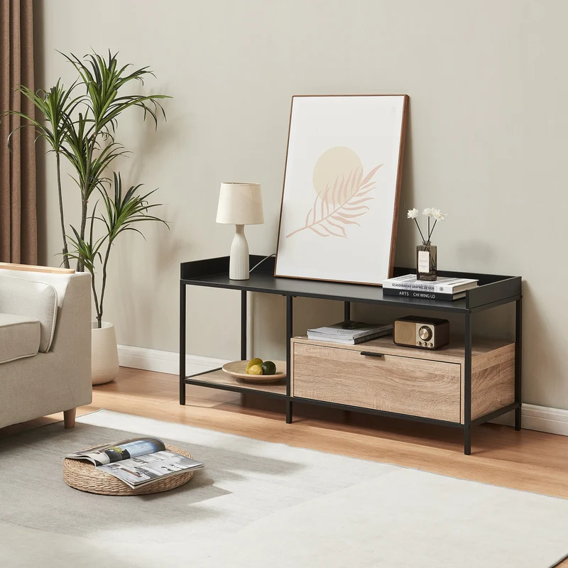 Mesa de televisión Belana 120x40x54 cm Negro/Aspecto roble [en.casa]