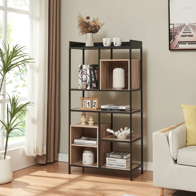 Estantería de pie Belana 137x70x33 cm Negro/Aspecto roble [en.casa]