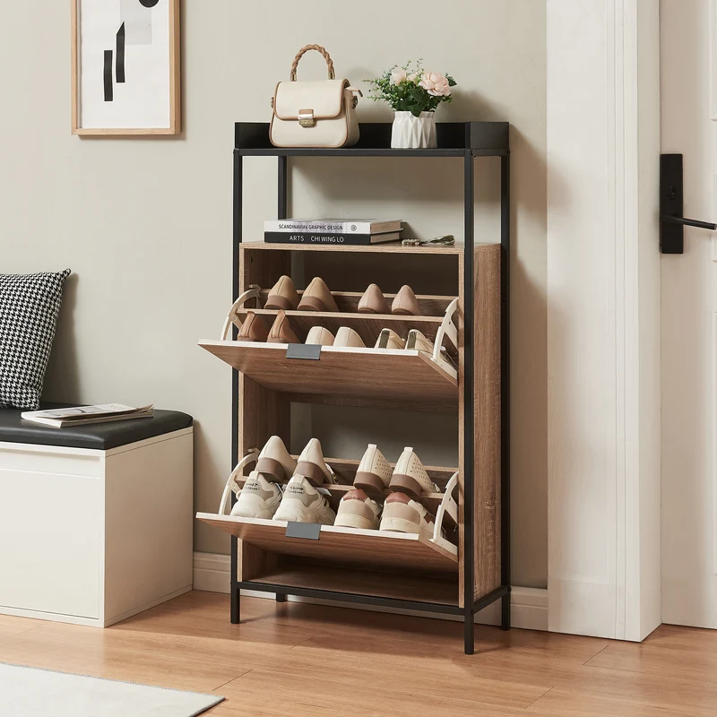 Zapatero Belana con 2 tapas 116x60x24 cm Negro/Aspecto roble [en.casa]