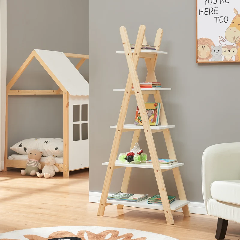 Estantería Vanlilu de madera de pino 145x65x32 cm natural/blanco [en.casa]