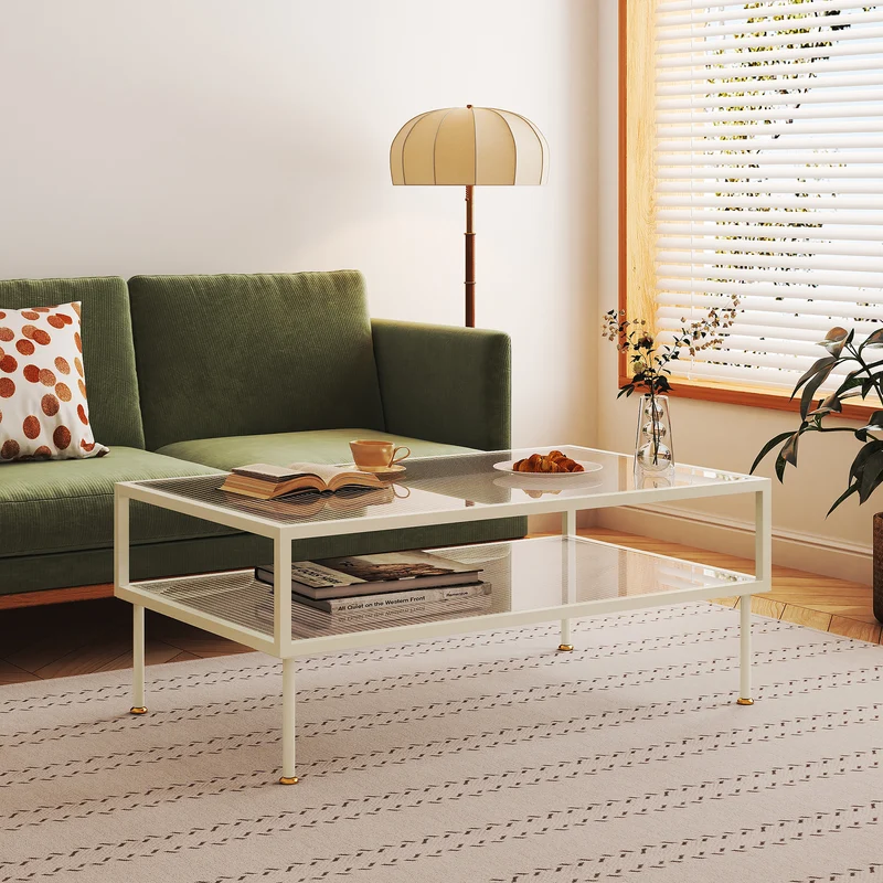 Mesa de centro Lindau de acero con tablero de vidrio 100x50x46 cm crema blanca [en.casa]