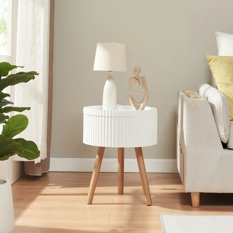 Mesa auxiliar Bongard con espacio de almacenamiento Ø38x48 cm Blanco [en.casa]