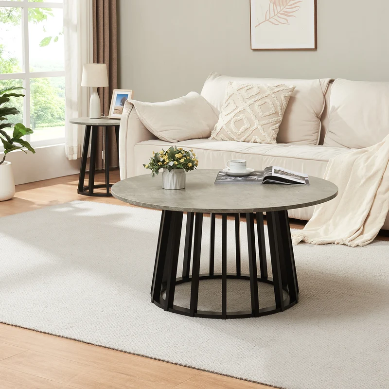 Mesa de centro Buzzard Ø90x45 cm Negro/Aspecto hormigón [en.casa]