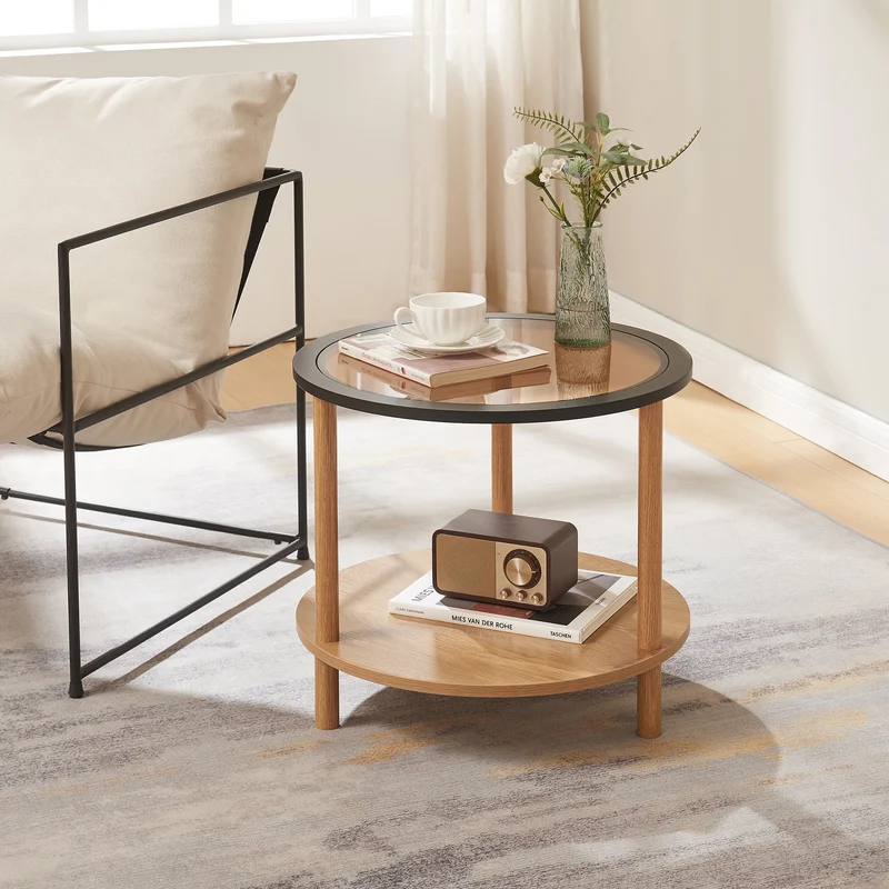 Mesa auxiliar Latama con tablero de vidrio Ø51x45 cm Natural/Negro/Vidrio bronce [en.casa]