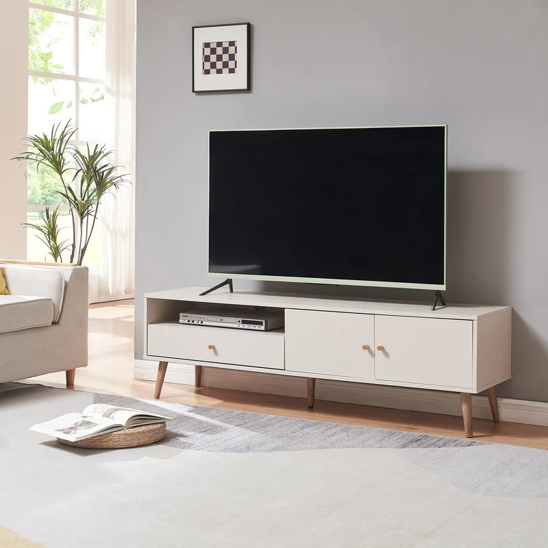 Mueble TV Hallevil con cajón y 2 puertas aglomerado 150x39x45cm - Blanco [en.casa]