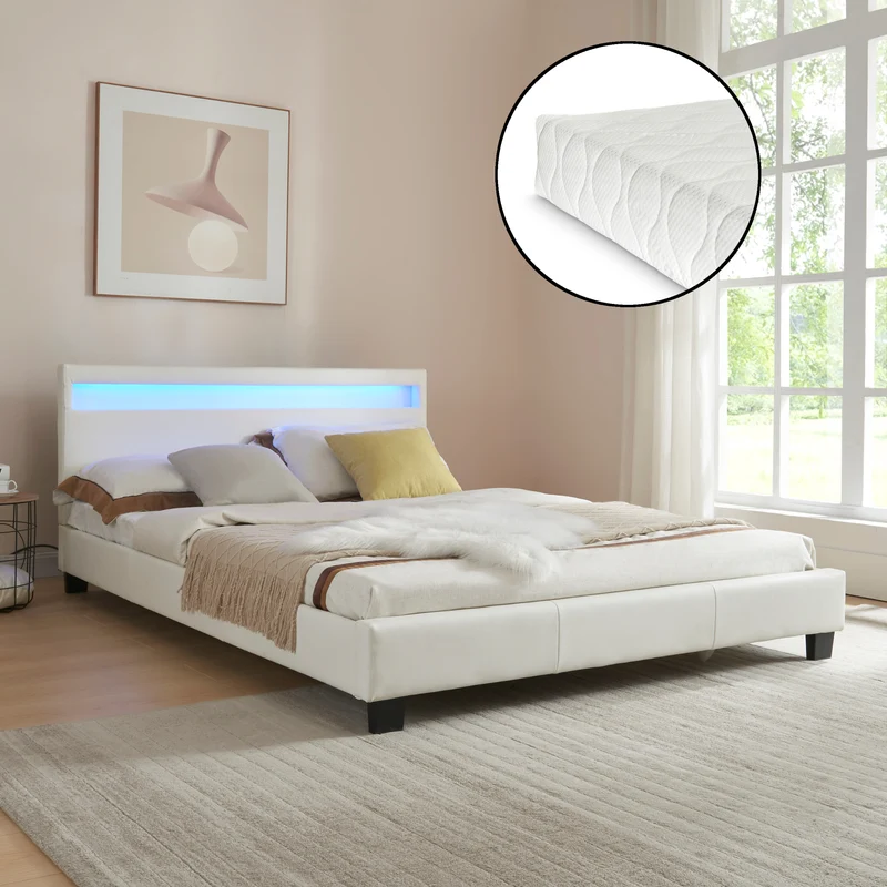 Cama de matrimonio de cuero sintético (París) - con colchón y con sistema de iluminación LED