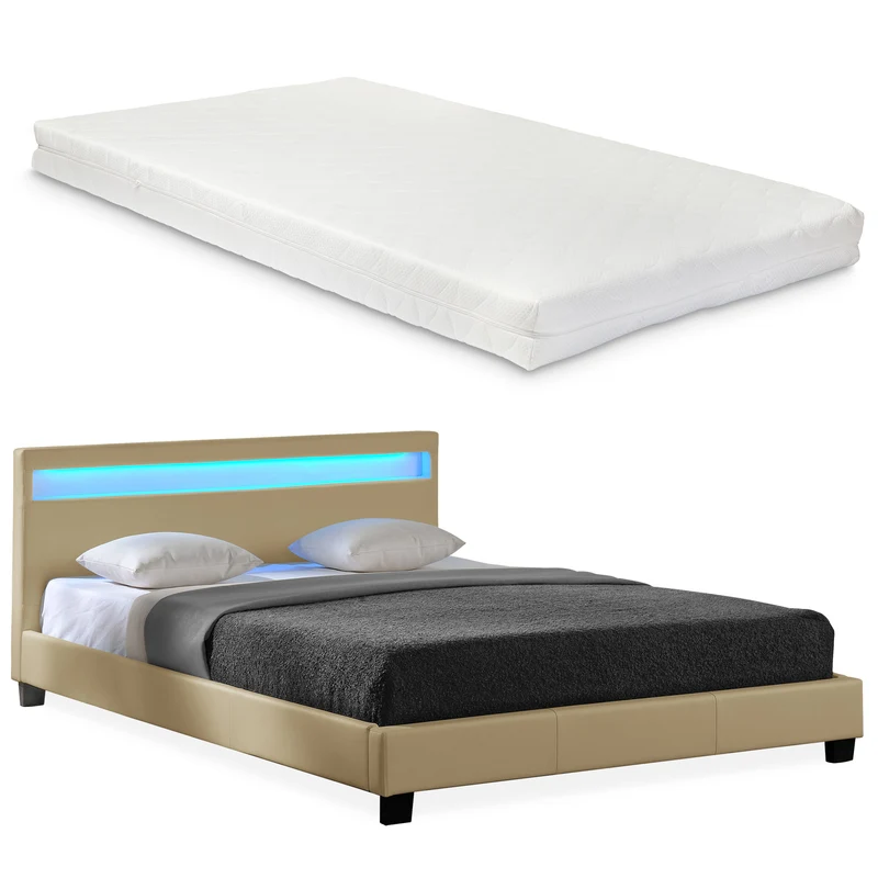 Cama de matrimonio de cuero sintético (París) - con colchón y con sistema de iluminación LED