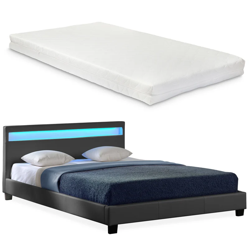 Cama de matrimonio de cuero sintético (París) - con colchón y con sistema de iluminación LED