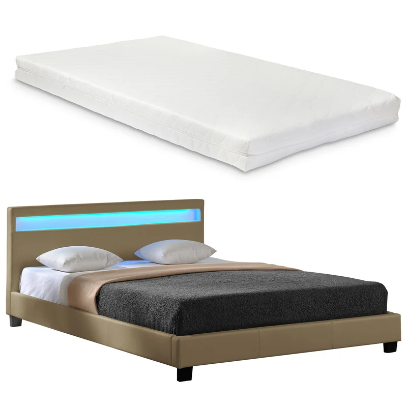 Cama de matrimonio de cuero sintético (París) - con colchón y con sistema de iluminación LED