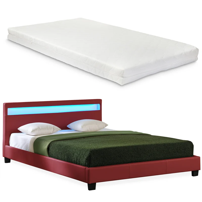 Cama de matrimonio de cuero sintético (París) - con colchón y con sistema de iluminación LED