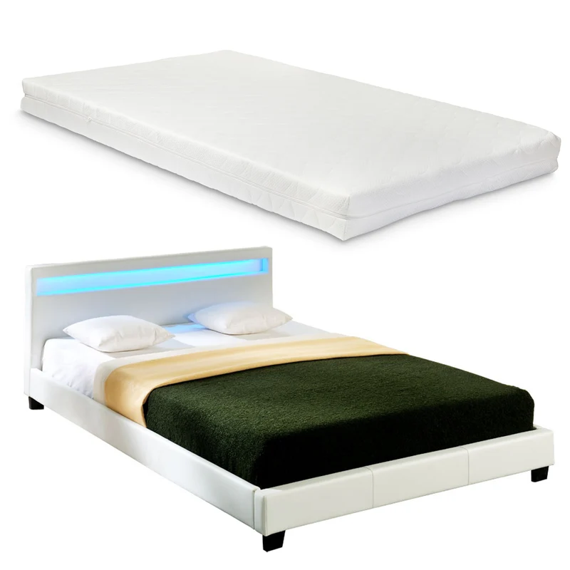 Cama de matrimonio de cuero sintético (París) - con colchón y con sistema de iluminación LED