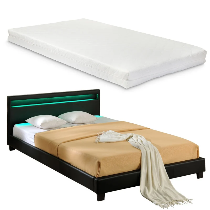 Cama de matrimonio de cuero sintético (París) - con colchón y con sistema de iluminación LED