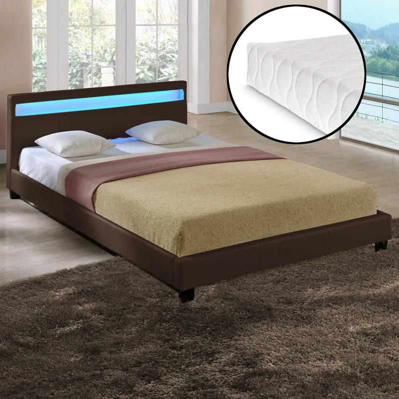 Cama de matrimonio de cuero sintético (París) - con colchón y con sistema de iluminación LED