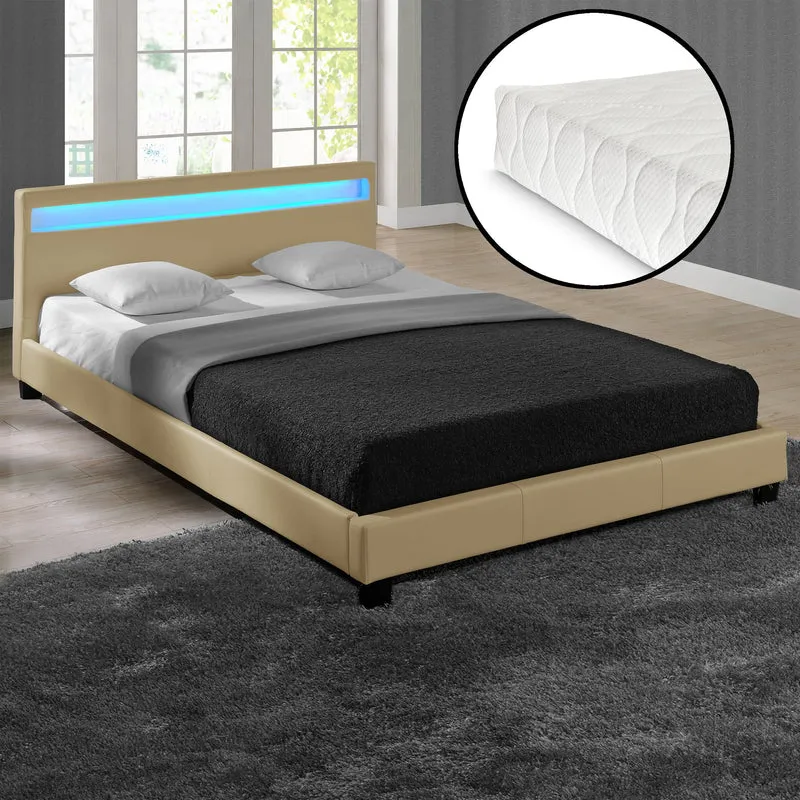 Cama de matrimonio de cuero sintético (París) - con colchón y con sistema de iluminación LED