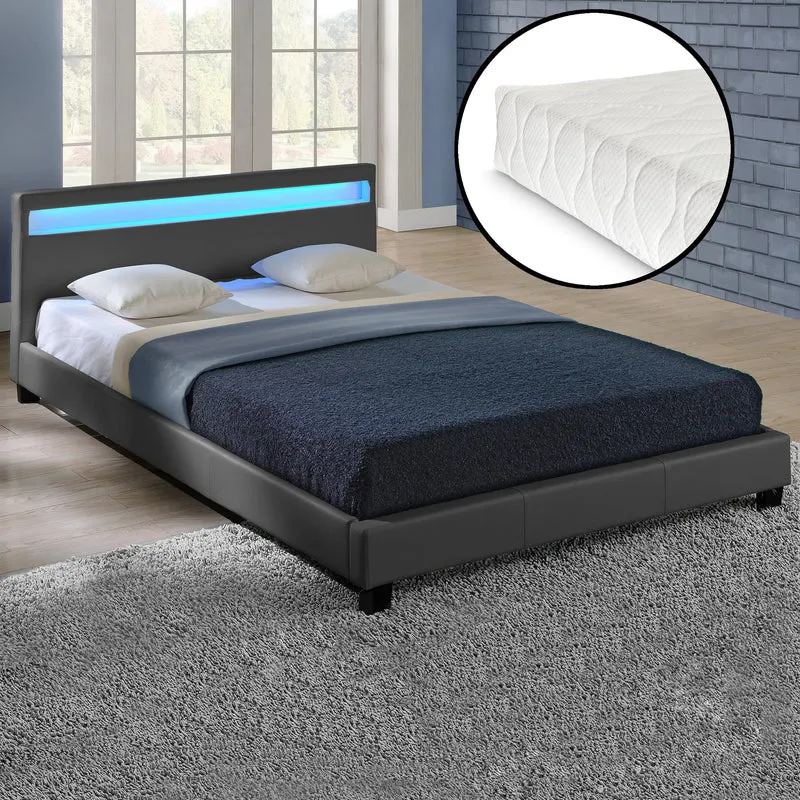 Cama de matrimonio de cuero sintético (París) - con colchón y con sistema de iluminación LED