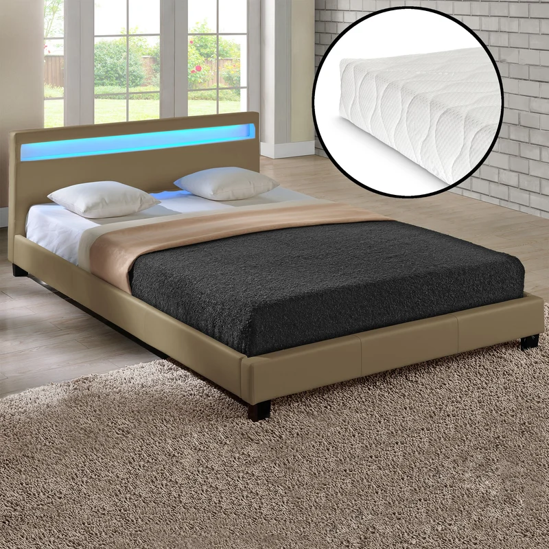Cama de matrimonio de cuero sintético (París) - con colchón y con sistema de iluminación LED