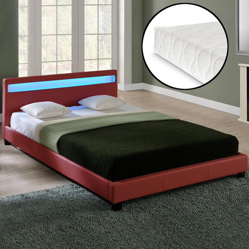 Cama de matrimonio de cuero sintético (París) - con colchón y con sistema de iluminación LED