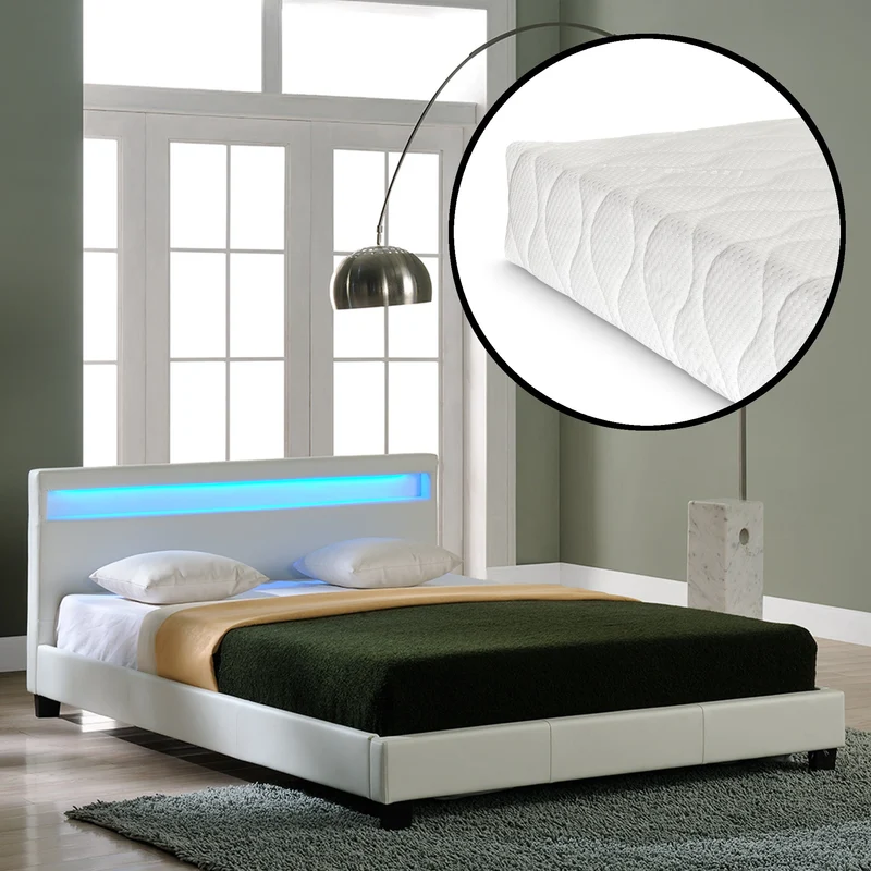 Cama de matrimonio de cuero sintético (París) - con colchón y con sistema de iluminación LED