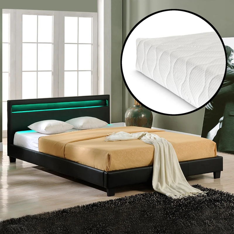 Cama de matrimonio de cuero sintético (París) - con colchón y con sistema de iluminación LED