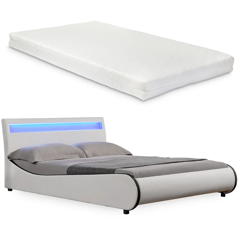 [Corium] Cama de cuero sintético moderna (Valencia) - [neu.haus] Colchón de espuma fría - con sistema de iluminación LED