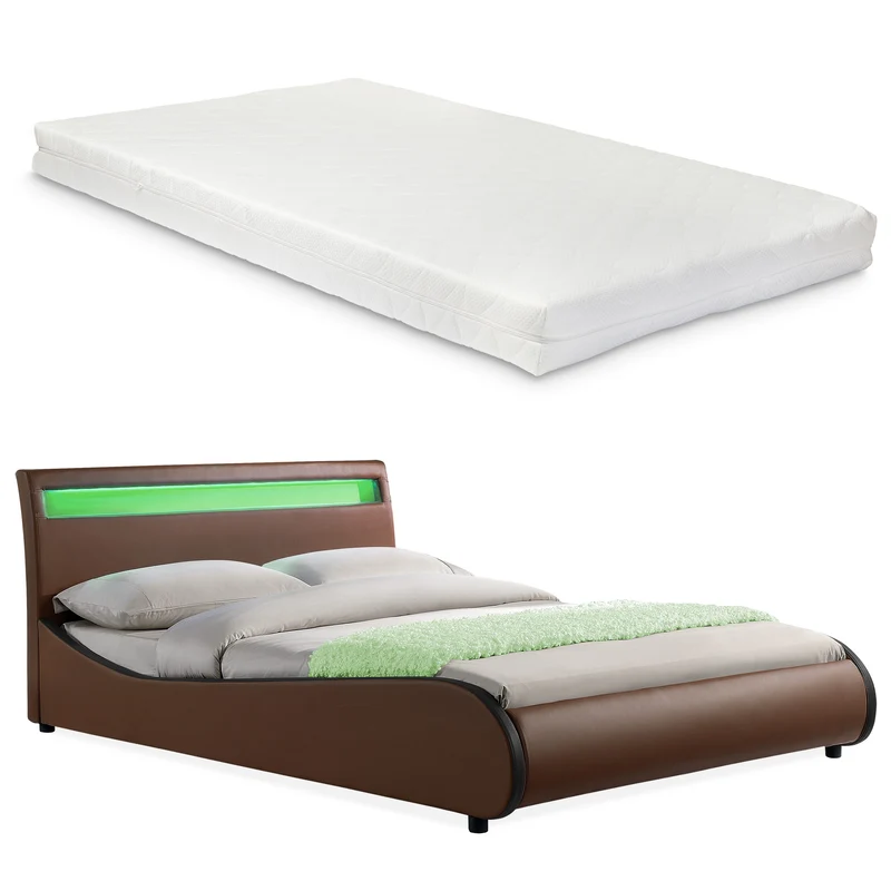 [Corium] Cama de cuero sintético moderna (Valencia) - [neu.haus] Colchón de espuma fría - con sistema de iluminación LED