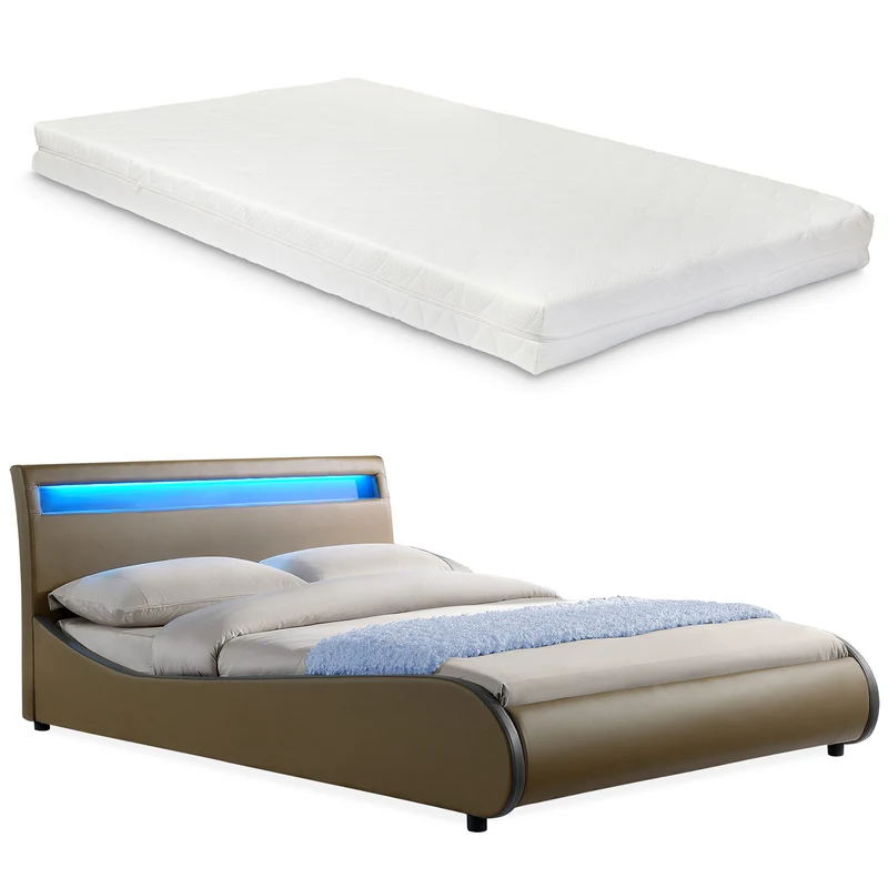 [Corium] Cama de cuero sintético moderna (Valencia) - [neu.haus] Colchón de espuma fría - con sistema de iluminación LED