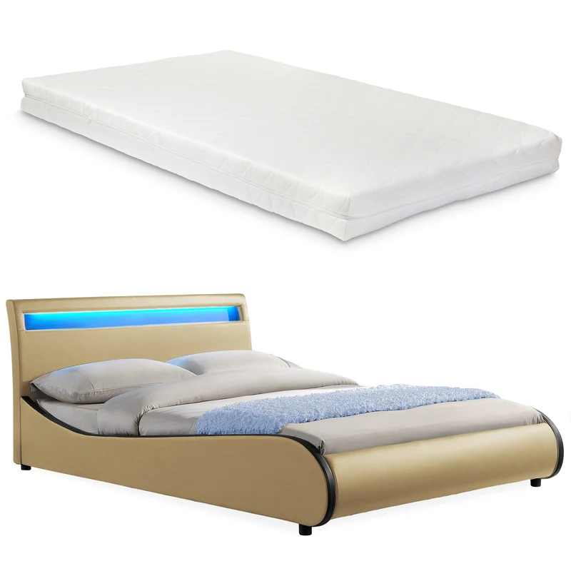 [Corium] Cama de cuero sintético moderna (Valencia) - [neu.haus] Colchón de espuma fría - con sistema de iluminación LED